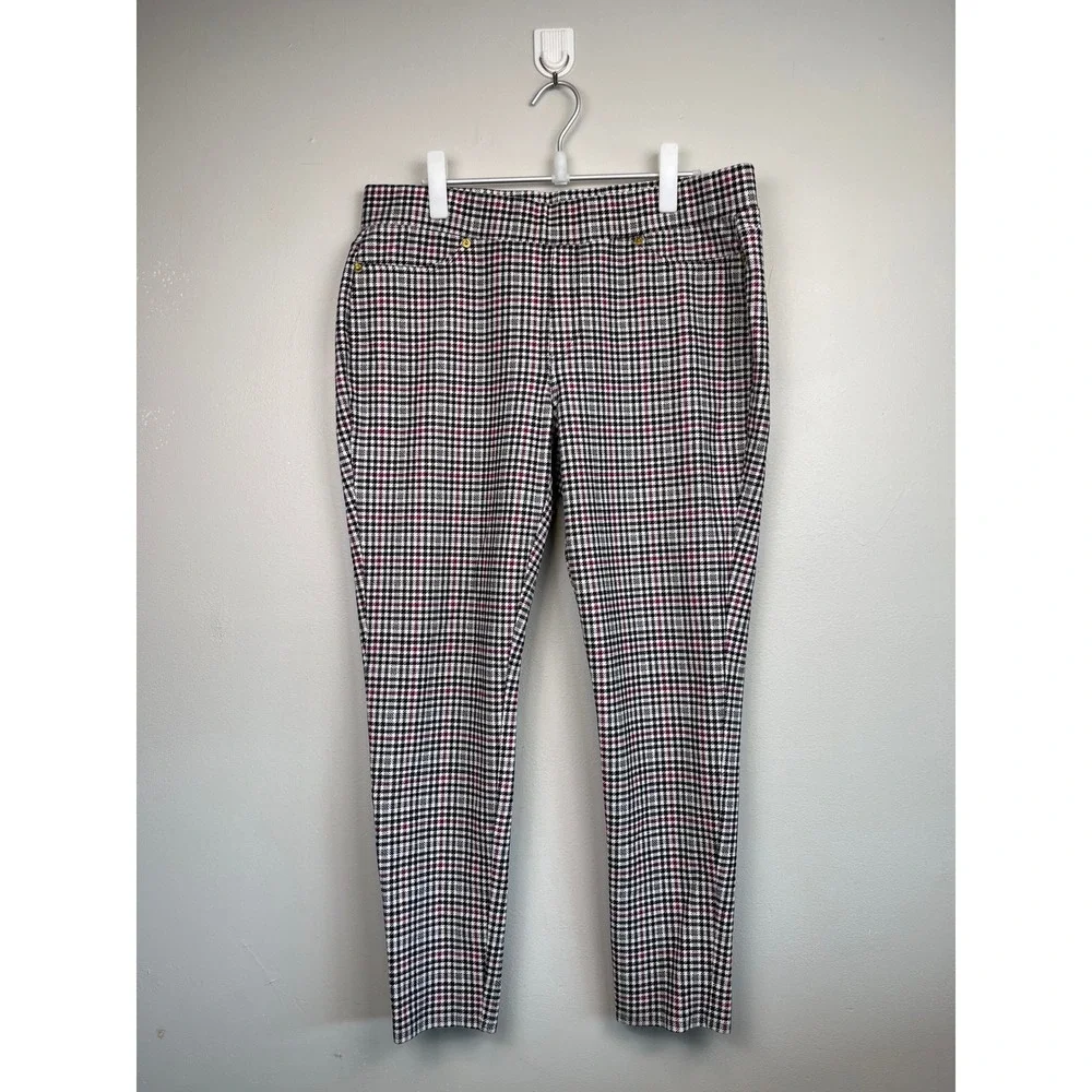 Michael Kors Womens XL Plaid Pull On Pants Pink Black White Gold Hardware Slim